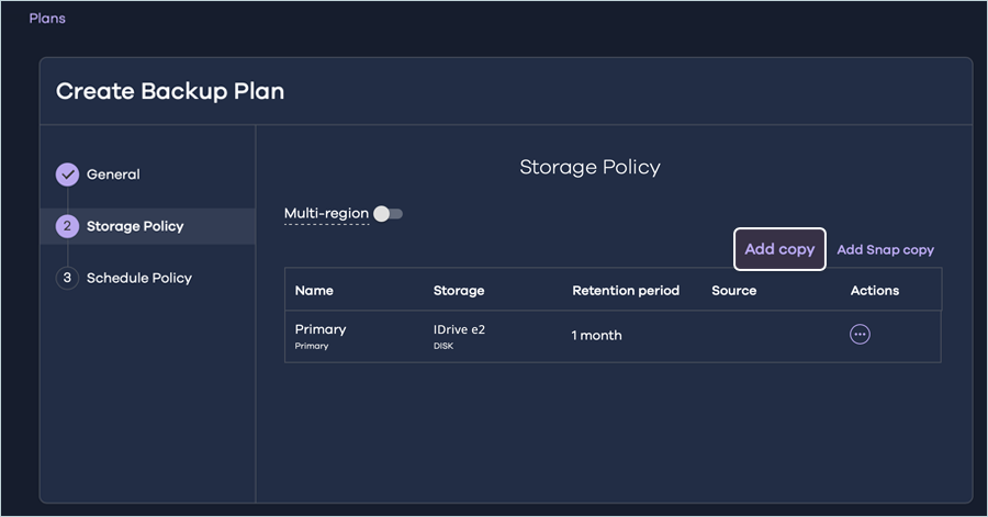 Commvault cloud guide - Add IDrive e2 copy screen