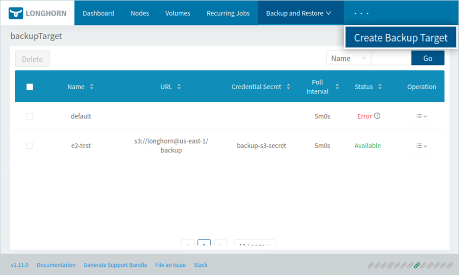 Create backup target screen in the Longhorn console