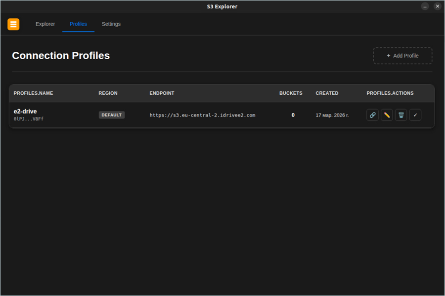 S3 Explorer guide - Created profile listed under the Profiles tab