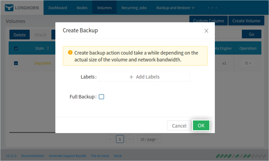 Enter target label and click OK in Longhorn