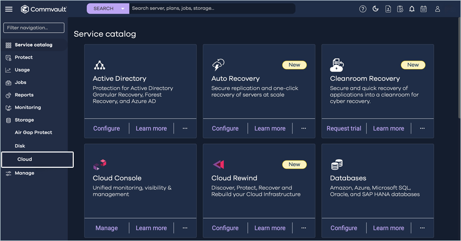 Commvault cloud guide - Click Cloud in the left menu