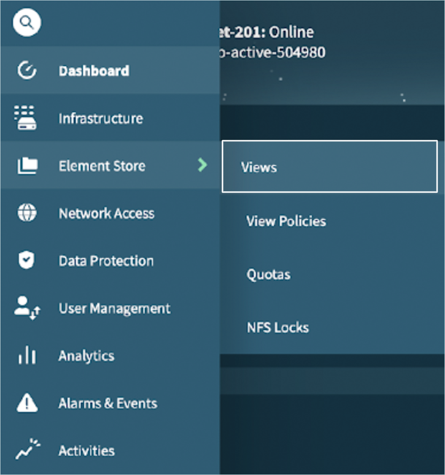 Vast Data Guide - Navigate to Element Store views screen