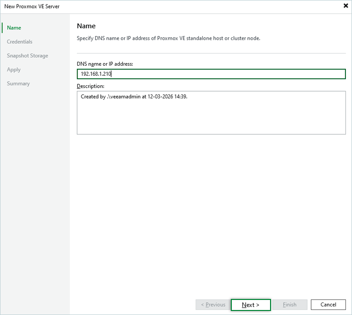 Veeam Proxmox Guide - enter DNS and click next