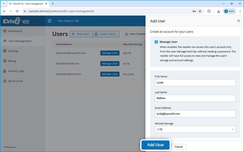 Faq Reseller - final add user screen for a managed reseller account