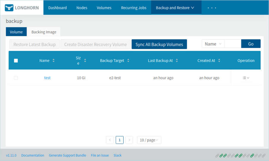 Review running backups screen in the Longhorn console