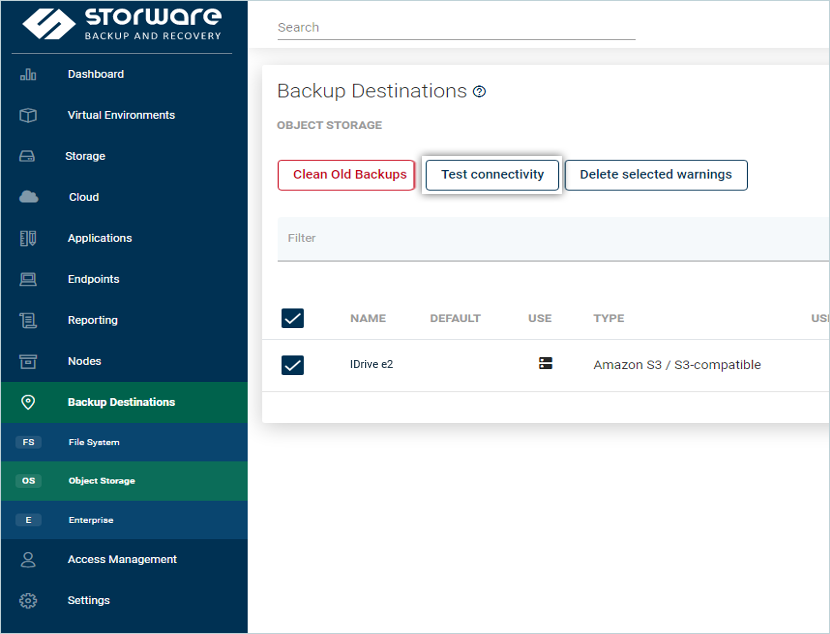 Storware guide - Click test connection screen